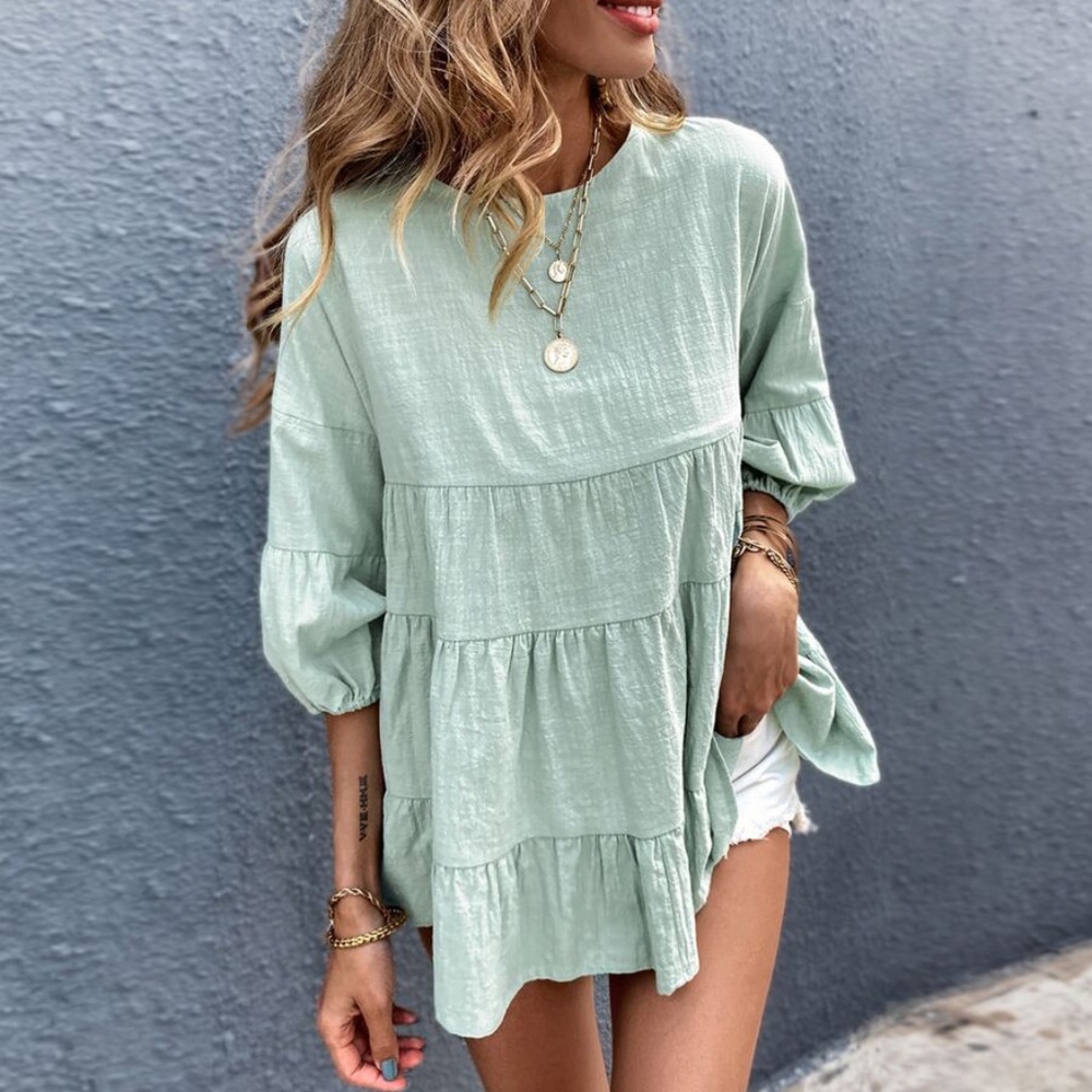 Boho Layered Ruffle 3/4 sleeve Oversized Top Lilac - Picture 11 of 12